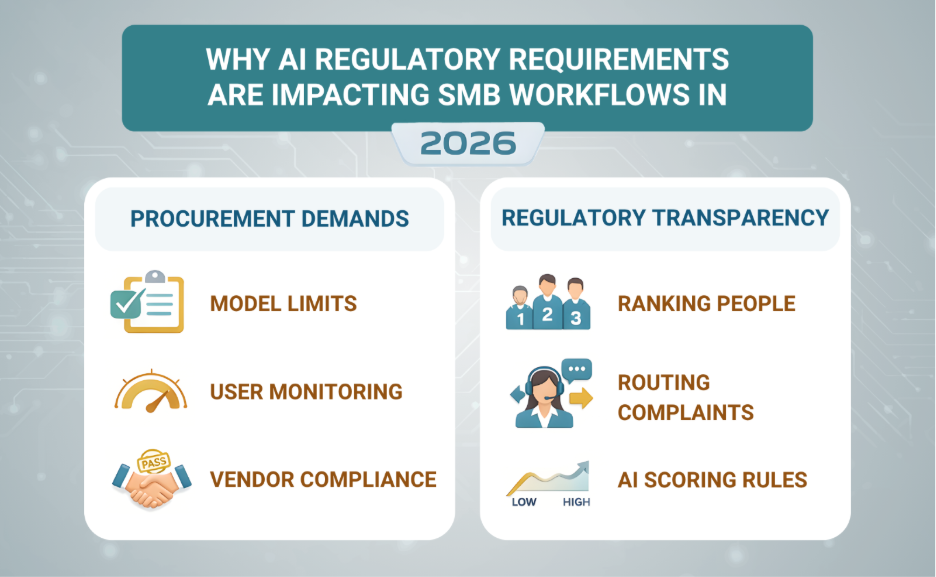 An infographic titled "Why AI Regulatory Requirements are Impacting SMB Workflows in 2026." It is divided into two sections: Procurement Demands (covering Model Limits, User Monitoring, and Vendor Compliance) and Regulatory Transparency (covering Ranking People, Routing Complaints, and AI Scoring Rules).