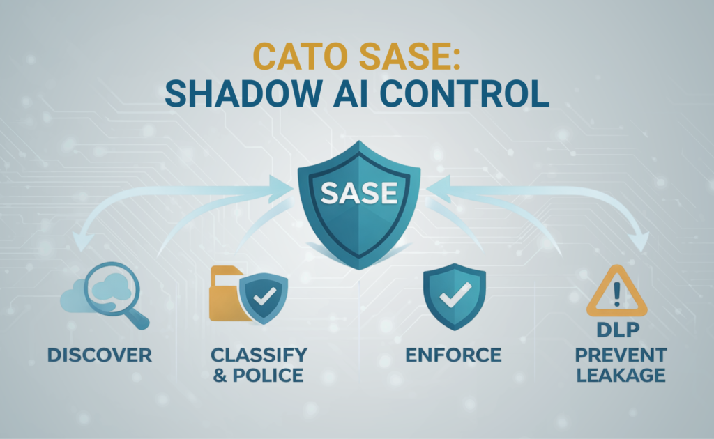 An infographic by Cato SASE detailing a four-step framework for Shadow AI Control to help organizations discover shadow AI, classify and police tools, enforce security policies, and prevent data leakage via DLP.