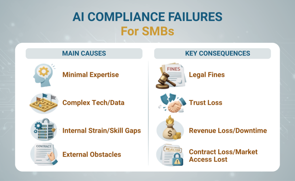 An infographic titled "AI Compliance Failures For SMBs" illustrating the primary triggers and outcomes of AI compliance pitfalls in Small and Medium-sized Businesses. The graphic is divided into two main columns: "MAIN CAUSES" on the left and "KEY CONSEQUENCES" on the left. Under Main Causes, it lists Minimal Expertise, Complex Tech/Data, Internal Strain/Skill Gaps, and External Obstacles, each accompanied by a relevant icon. Under Key Consequences, it outlines Legal Fines, Trust Loss, Revenue Loss/Downtime, and Contract Loss/Market Access Lost, illustrated with corresponding business and legal icons.
