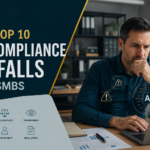AI Compliance Pitfall featured image showing a business professional reviewing AI risk and compliance issues on a laptop, with cybersecurity warning icons, governance elements, and enterprise AI security visuals in a modern office setting.