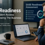 SASE readiness assessment showing a business leader reviewing secure access, identity security, network performance, compliance, and cloud access metrics.