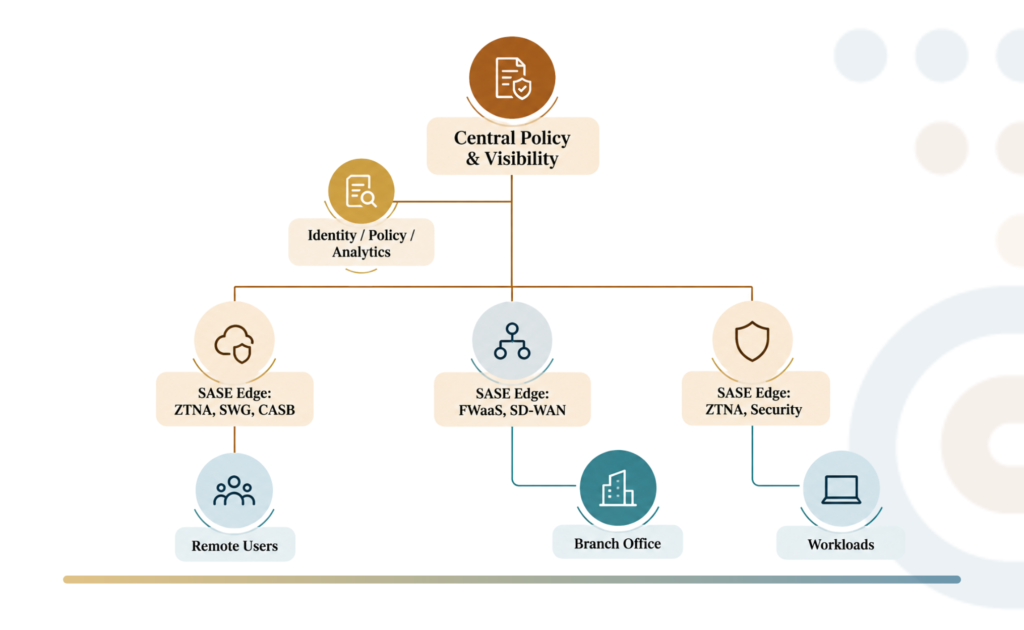 SASE architecture showing central policy management and distributed security enforcement for remote users, branches, and workloads