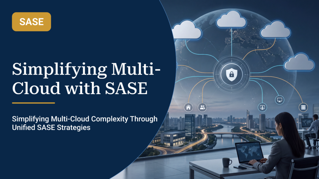 SASE architecture securing multi-cloud environments with connected cloud services, users, and workloads