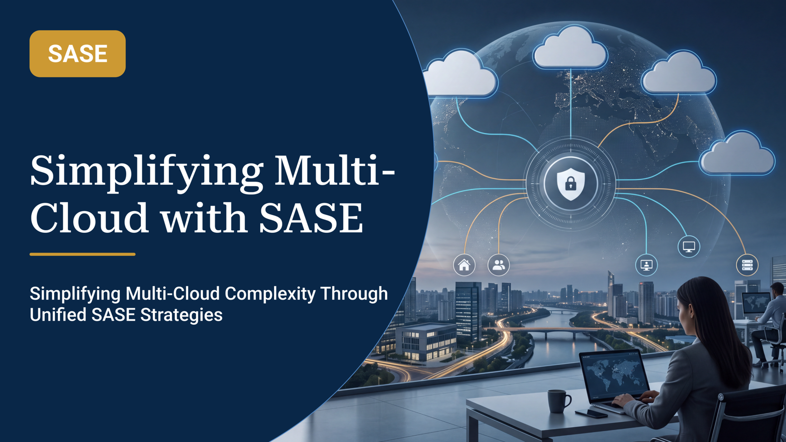 SASE architecture securing multi-cloud environments with connected cloud services, users, and workloads