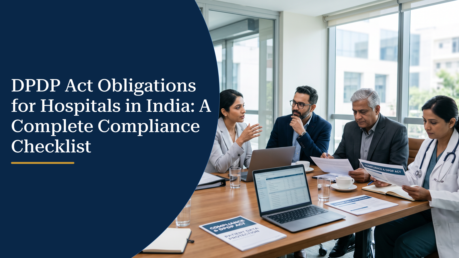 Healthcare professionals reviewing the DPDP Act compliance checklist for hospitals in India, with patient data protection and governance documents.