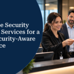 Employee security training at an office reception, illustrating a security-aware workforce